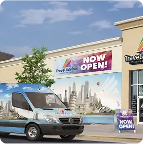 TavelAdvisor storefront, vehicle wrap, banner, trifold sign